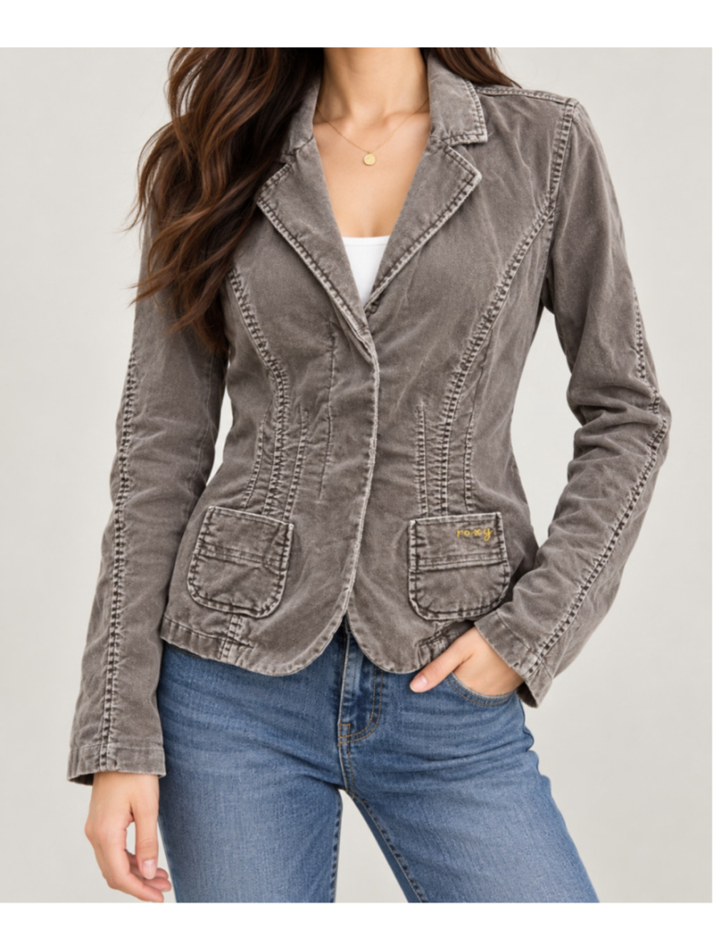 ROXY Womens Gray Taupe Cotton Blazer Jacket Utility Patch Pockets Washed LARGE